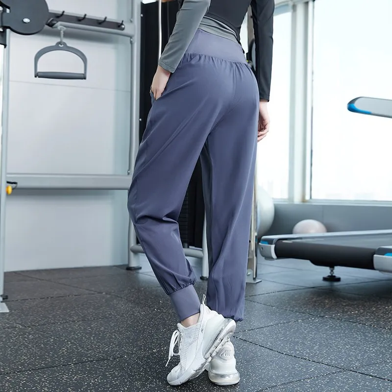 Mulheres solto elástico sweatpants cintura alta correndo calças gym workout jogging cintura alta perna larga esportes yoga respirável