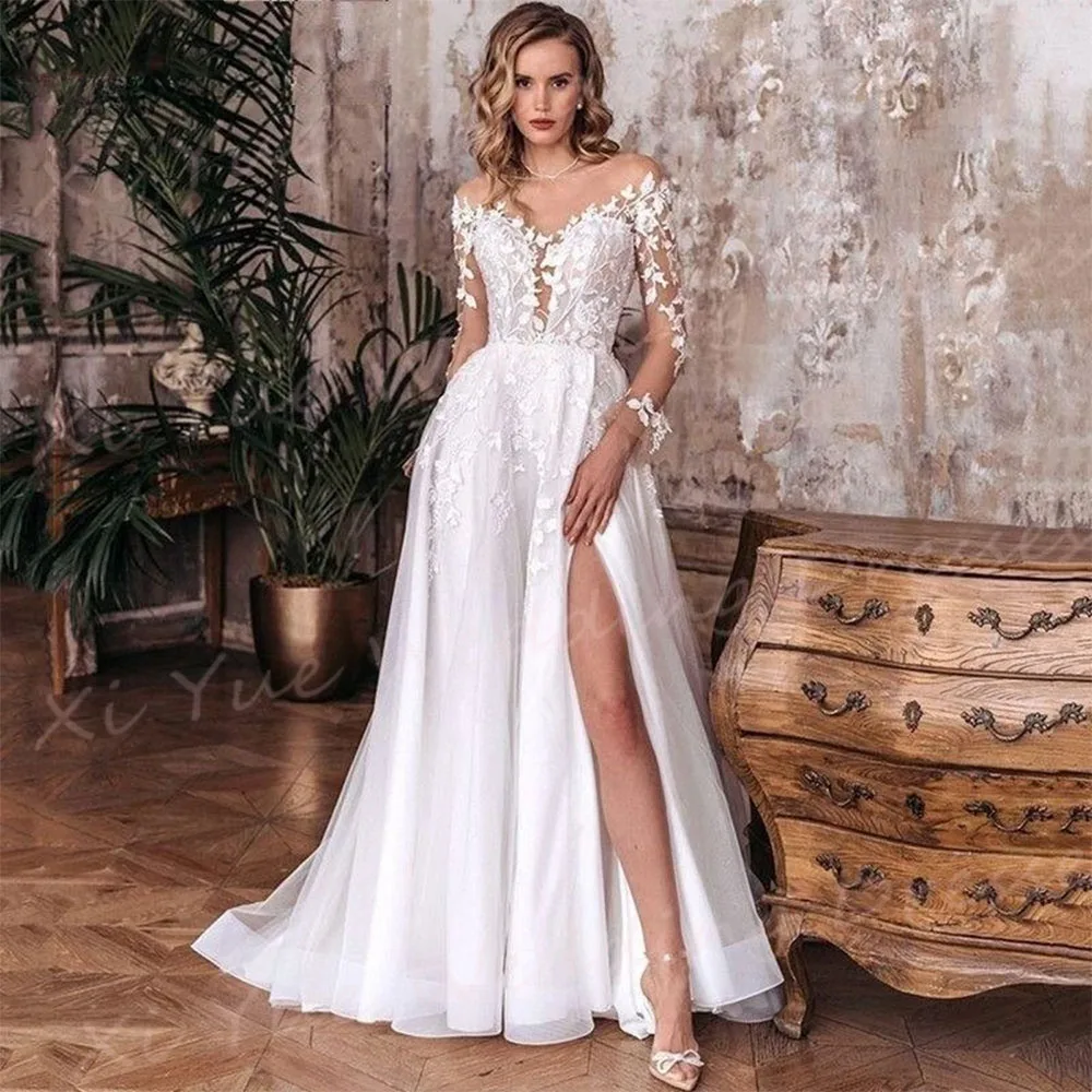 Gaun pernikahan wanita model A Line elegan indah gaun pengantin applique renda indah gaun pengantin seksi lengan panjang Split Vestido De Noivas