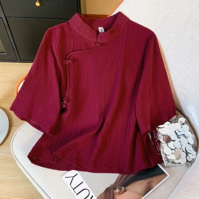 

Women's Chinese Style Burgundy Cheongsam Top Summer Textured Linen Blend Mandarin Collar Frog Button Blouse