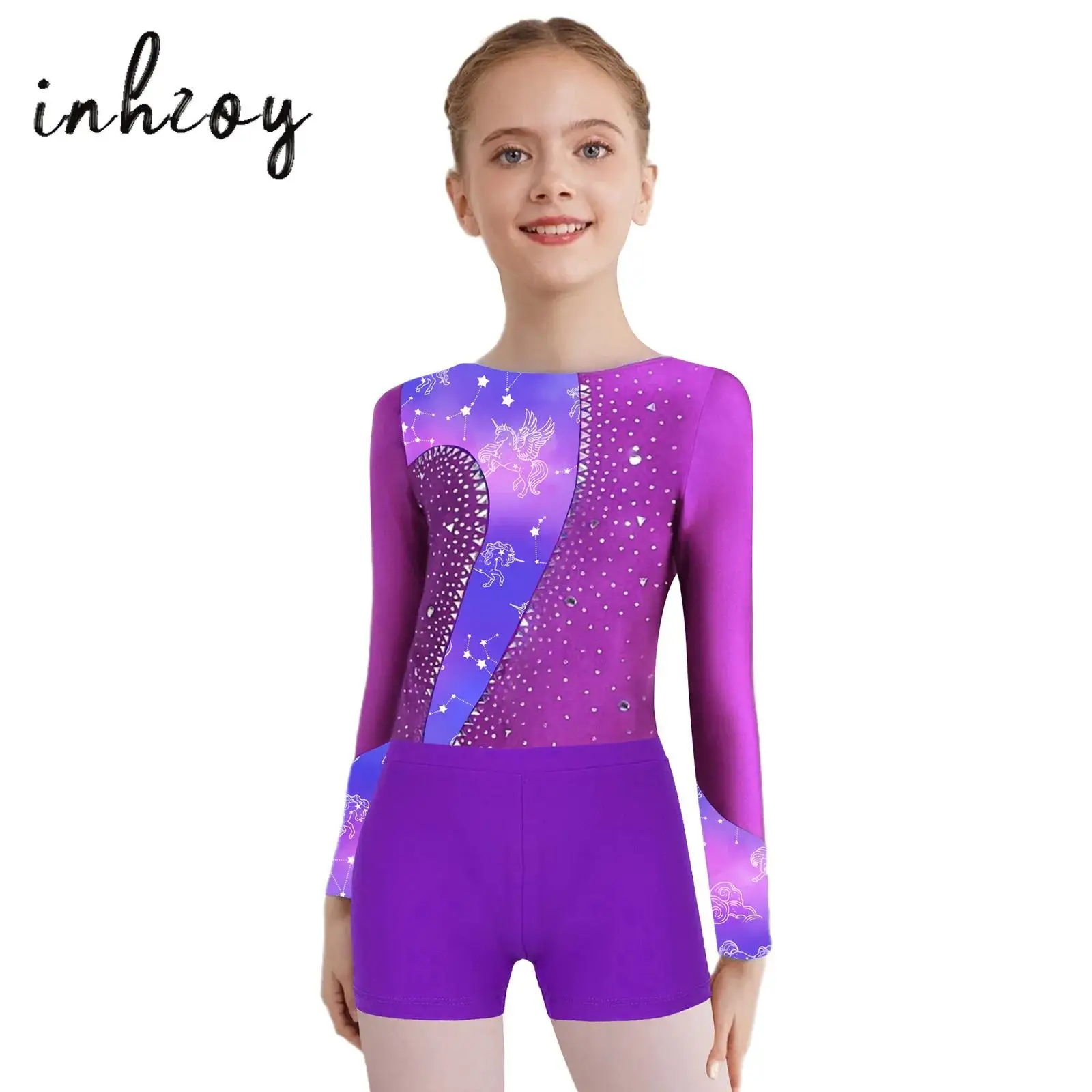 

Kids Girls Gymnastics Skating Dance Outfits 2Pcs Printed Patchwork Shiny Rhinestone Long Sleeve Crotch Button Leotards+Shorts