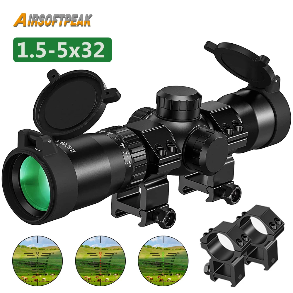 

1.5-5x32 Crossbow Scope Red Green Illuminated Range Finder Reticle Optics Sight Airsoft Hunting Riflescope for 11mm/20mm Rail