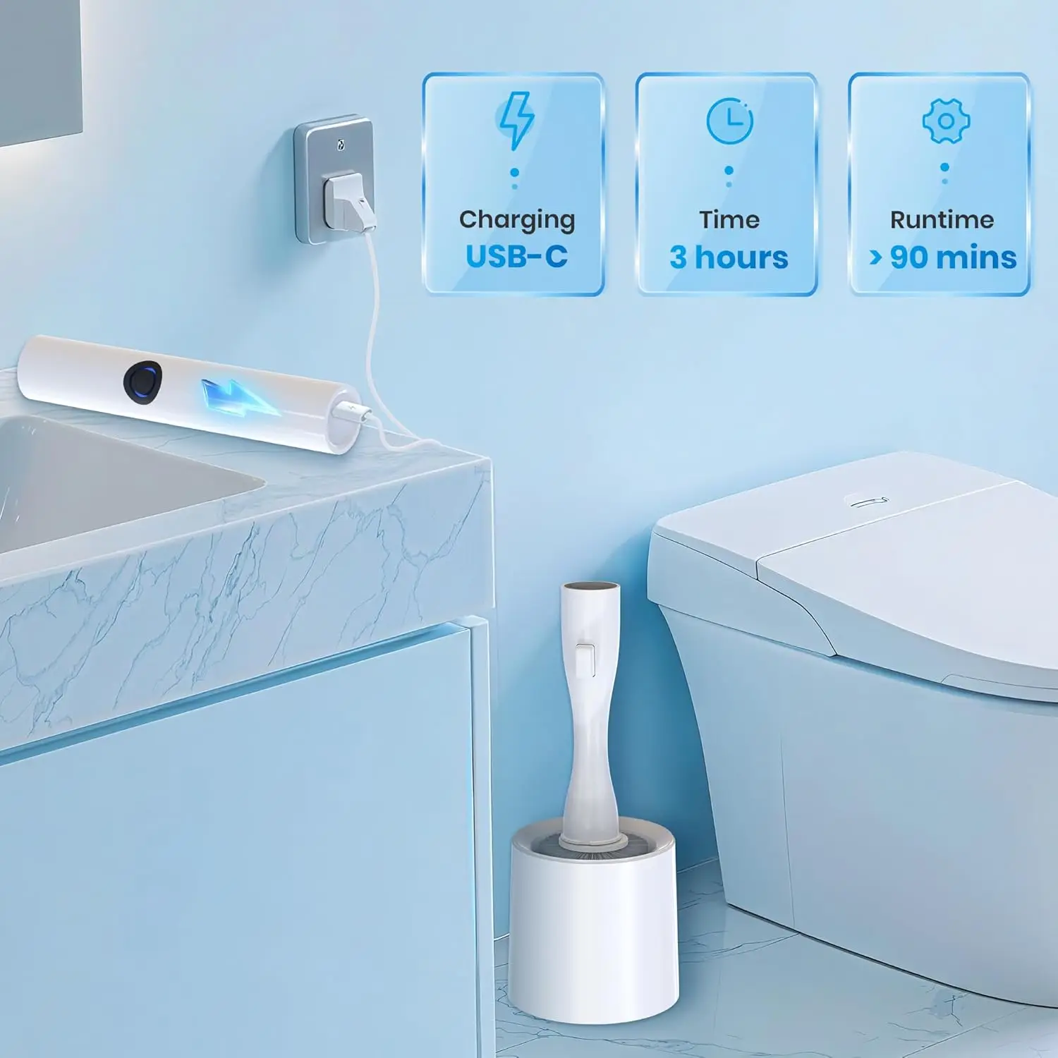 Electric Toilet Brush with Holder, Auto-Clamp Scrubber, 3 Heads & Gap Brush, Compact RV Bathroom Cleaner