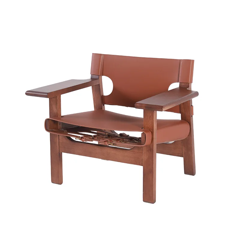 

Nordic living room sofa chair saddle leather wabi wind leisure single chair solid wood ash wood medieval Spanish armchair