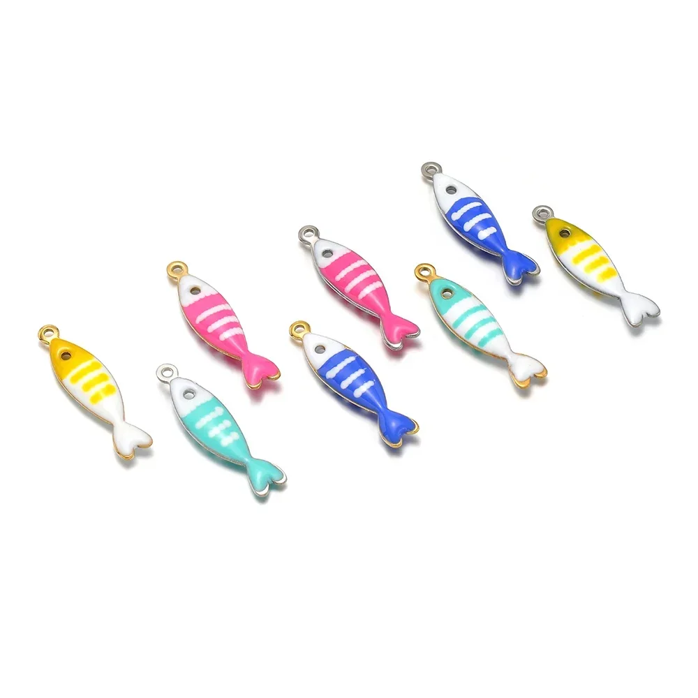 20pcs Stainless Steel Gold Stripe Fish Charms Ocean Animal Enamel Pendants DIY Necklace Bracelet Making Jewelry Findings 5x14mm view 2