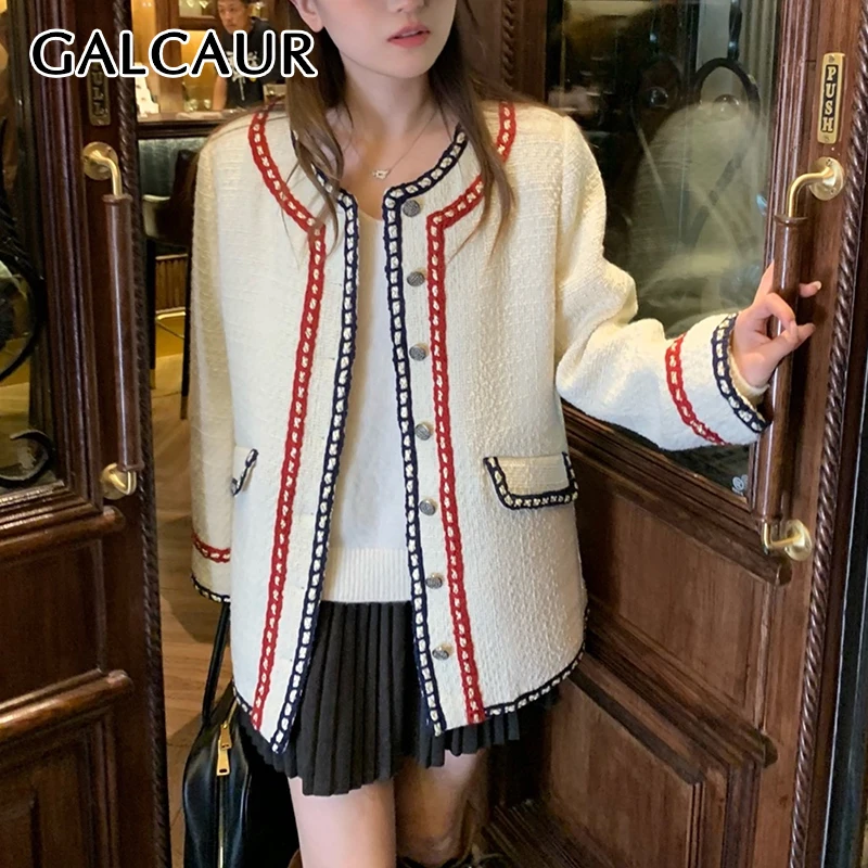 

GALCAUR Retro Hit Color Coat Women Round Neck Long Sleeve Spliced Single Breasted Office Jackets Female Korean Style Clothes New