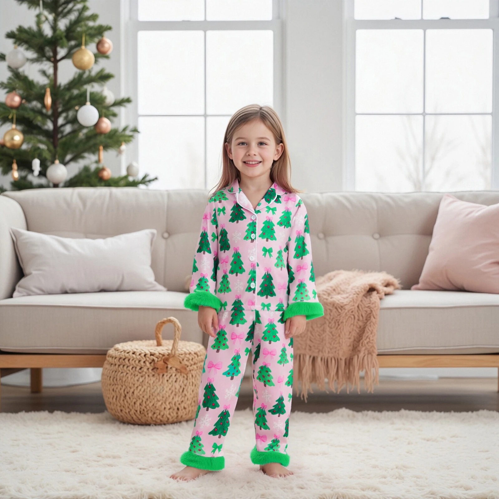 FOCUSNORM 0-7Y خريف شتاء أطفال بنات عيد الميلاد بيجامة من الساتان الملابس مجموعة شجرة طباعة التلبيب كم طويل زر أسفل القمم السراويل #1