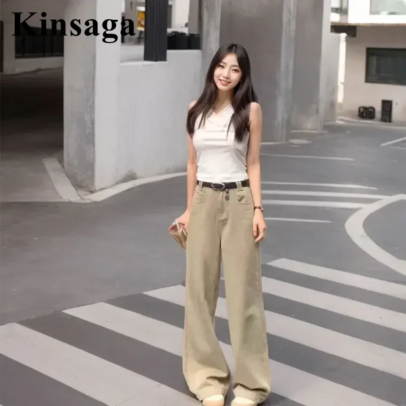 Vintage Gyaru khaki Baggy Straight Jeans Korean Fashion Oversized Wide Leg Denim Pants Female Boyfriend Mopping Trousers