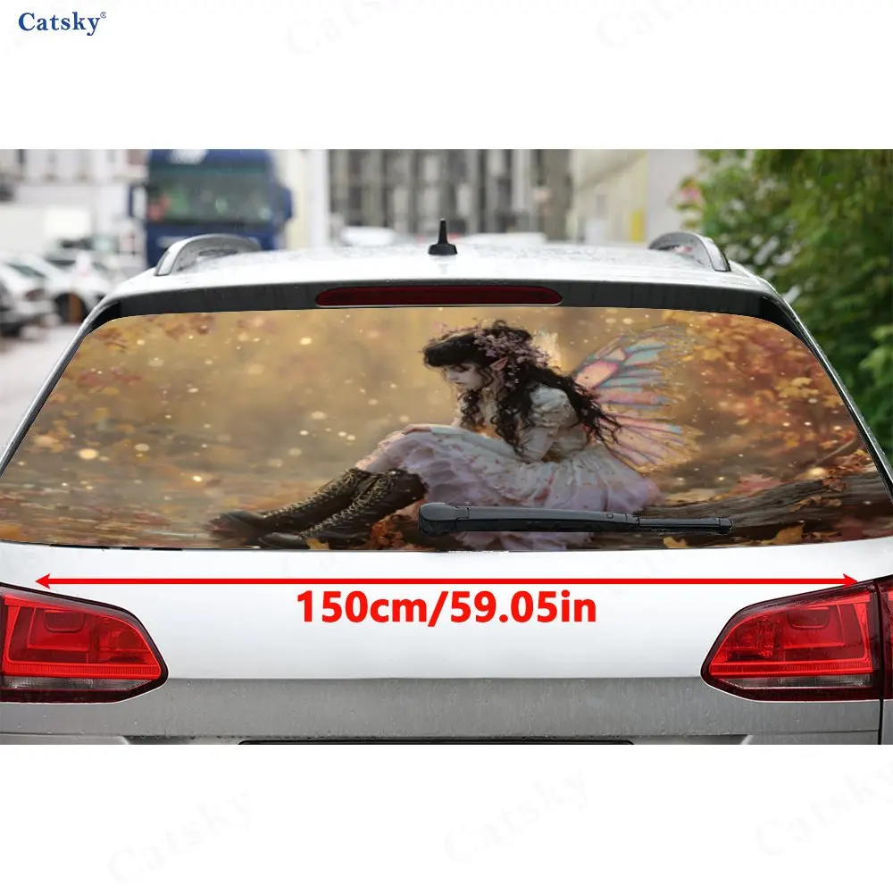 Fairy Sitting on Branch PVC Perforated Car Vinyl Wraps, Durable Car Rear Windshield Sticker, Waterproof Car Rear Window Decal