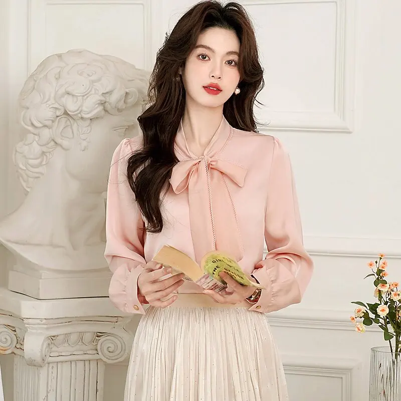 

Элегантная женская блузка из шелкового атласа с длинным рукавом, модная новинка весна-осень, прямой крой, с узлом, элегантный топ