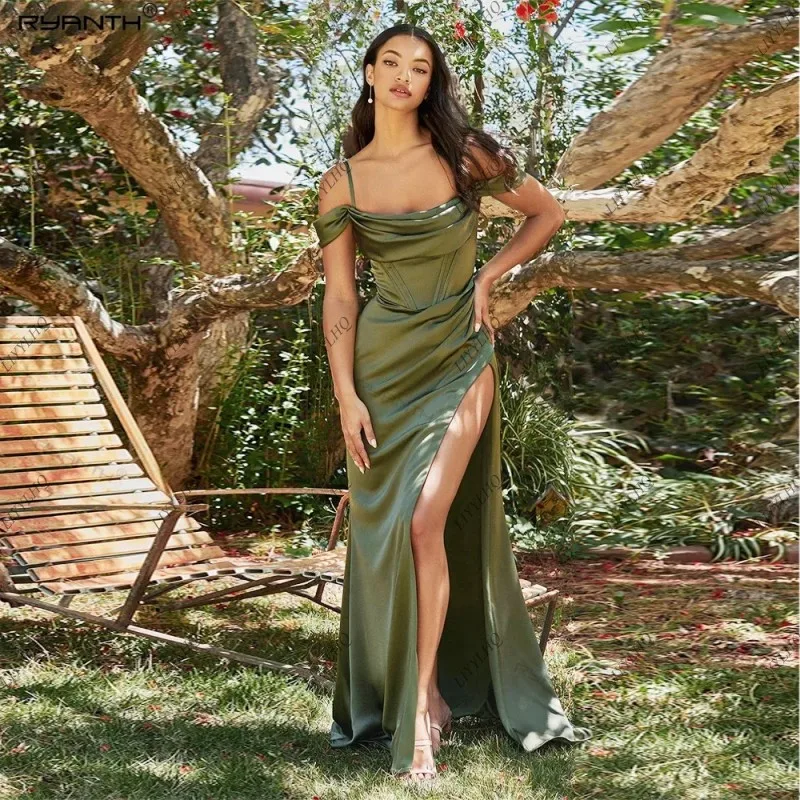 

LIYYLHQ Olive Green Mermaid Prom Dresses Sexy High Slit Off Shoulder Evening Dress Women Pleated Party Gown Vestidos De Fiesta