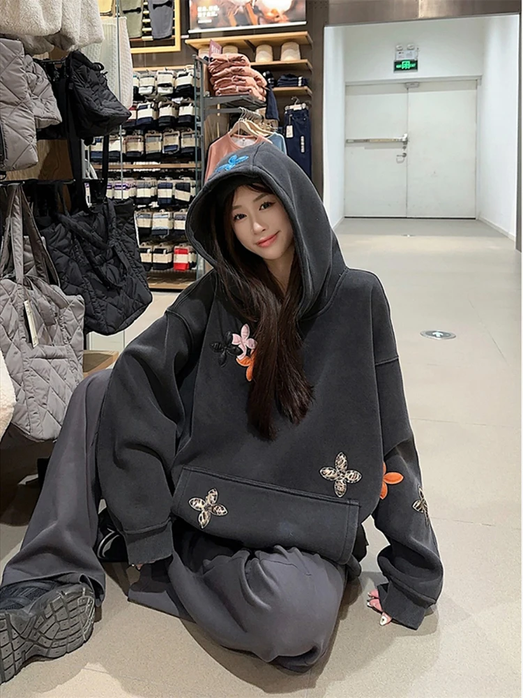 Heavy Industry Leather Embroidered Hooded Long Sleeve Hoodie for Women 2025 Spring New Style Thickened Velvet Warm Top Trendy image 5