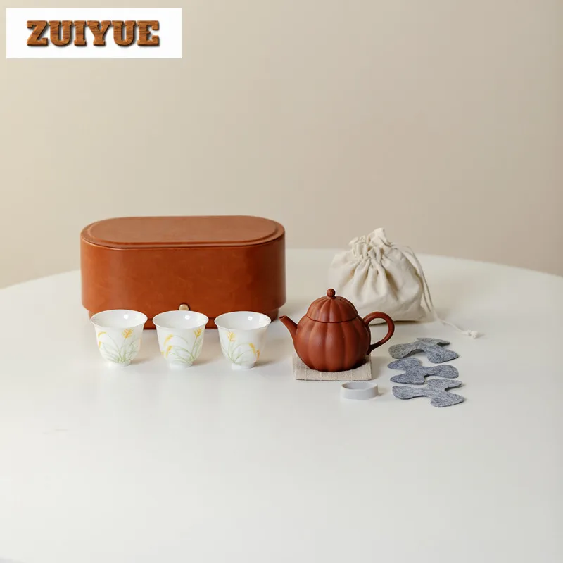 

Чайник из фиолетовой глины, ручная роспись, колос пшеницы, дорожный чайный сервиз, набор в стиле ретро, 1 горшок, 3 чашки, органайзер для приготовления чая, портативная уличная сумка