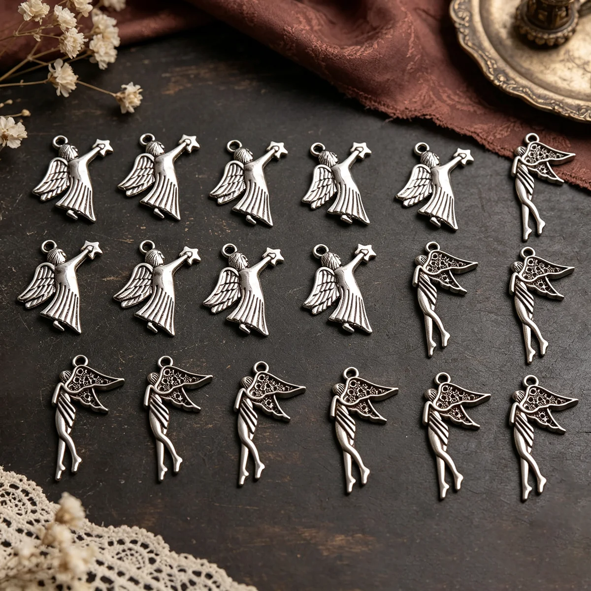 18-Piece Set of Angel DIY Handmade Accessories, Featuring Star-Picking Angels and Hollow-Winged Angels, Suitable for DIY Bracelets, Necklaces, Earrings, Pendants, and Handmade Beaded Decoration Accessories