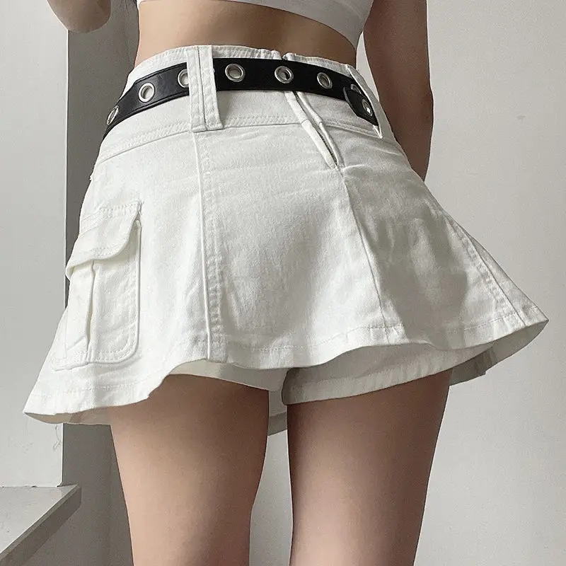 Geplooide Rok Pocket Design Sexy Lotusblad Rand Effen Kleur Half-Body Rok Hip Denim Rok Street Shot Hot Girl Geplooide Rok