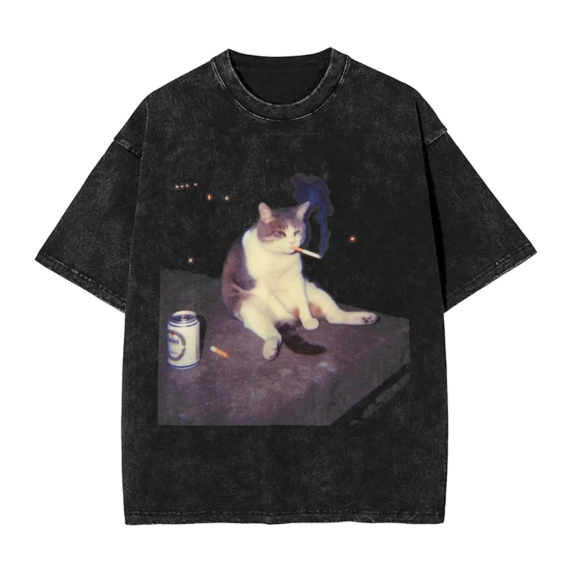 Cigarette Kitten Funny Smoking Cat Meme  Washed T Shirt Hip Hop Harajuku Men Women  Loose Tee T-Shirts Short Sleeve
