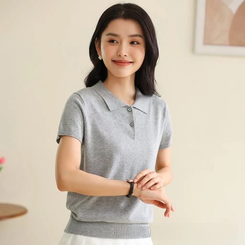 

Women's Polo Collar Pullover Pure Cotton Knitted Short Sleeve Sweater Basic Simple Half Sleeve Fashion Top