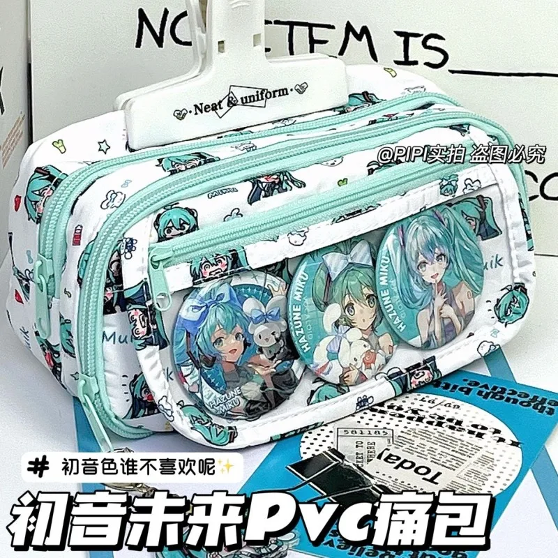 Hatsune Miku Multifunctional Large Capacity Pen Case Student Cartoon Kawaii Girly Heart Transparent Storage Bag Gift Wholesale