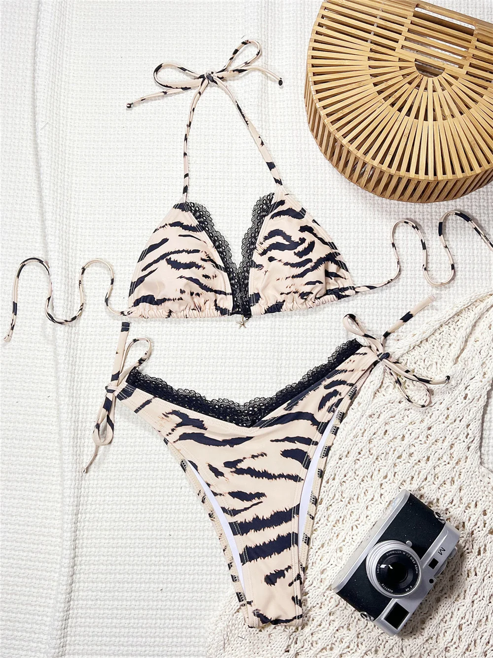 Sexy Black Lace Bikini Tiger Print Swimsuit Women 2 Piece Micro String Extreme Tanga Vacation Swimwear Beach Outfit Bathing Suit