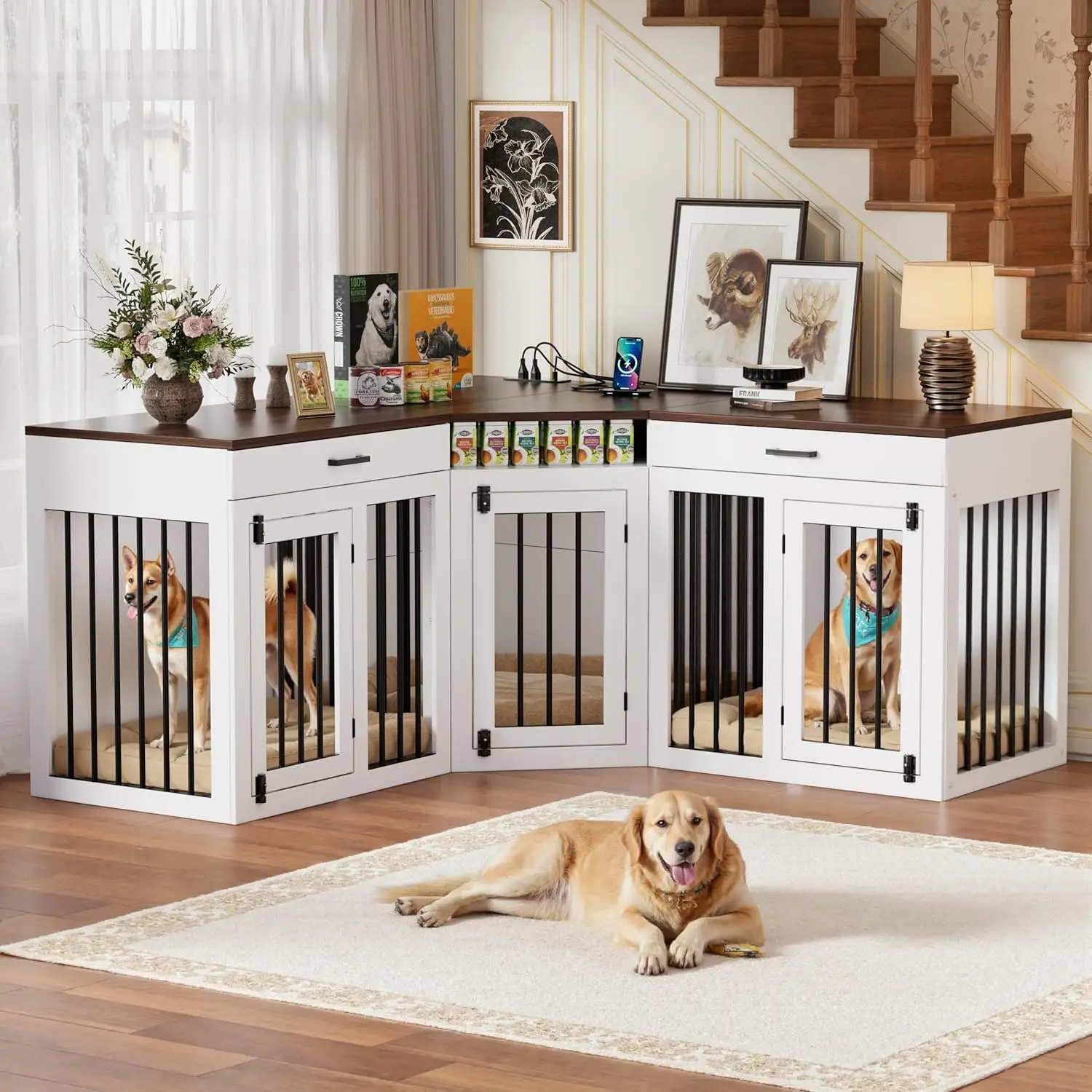 

Extra Large Wooden Dog Crate with Drawers, Divider & Outlet, Heavy Duty TV Stand for 3 Dogs