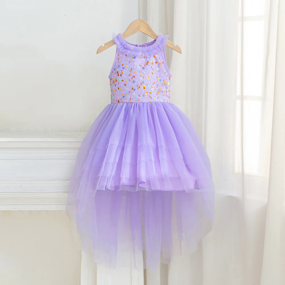 HETISO Kids Girls Sequins Trailing Dress Sleeveless Sweet Purple Tulle Dance Performance Costumes For Children 4-10 Years