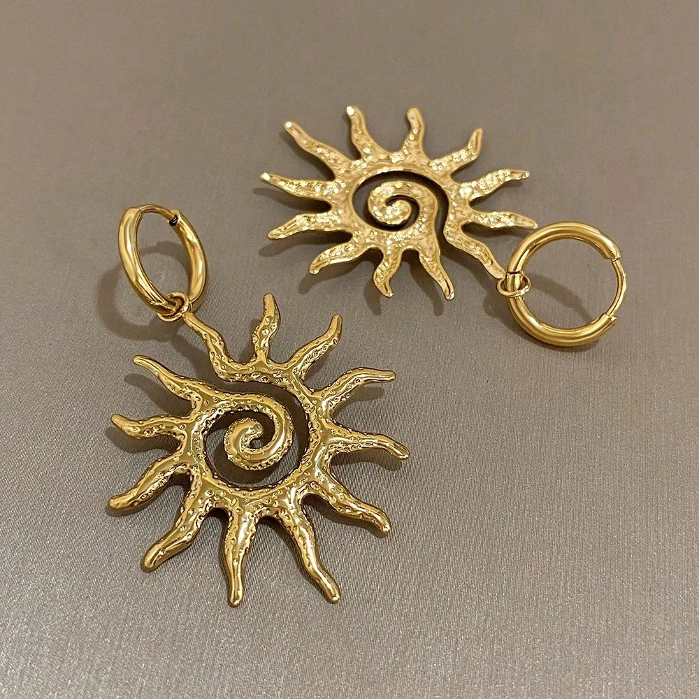 Bohemian Spiral Sun Drop Earrings Gold Silver Retro Celestial Design Alloy Material Statement Jewelry for Women's Daily Wear