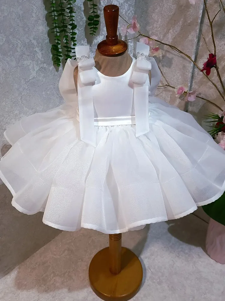 Puffy White Flower Girl Dresses Knee Length Wedding Party Dress Big bow Toddler Baby Birthday Pageant Ballet Tutu Dress