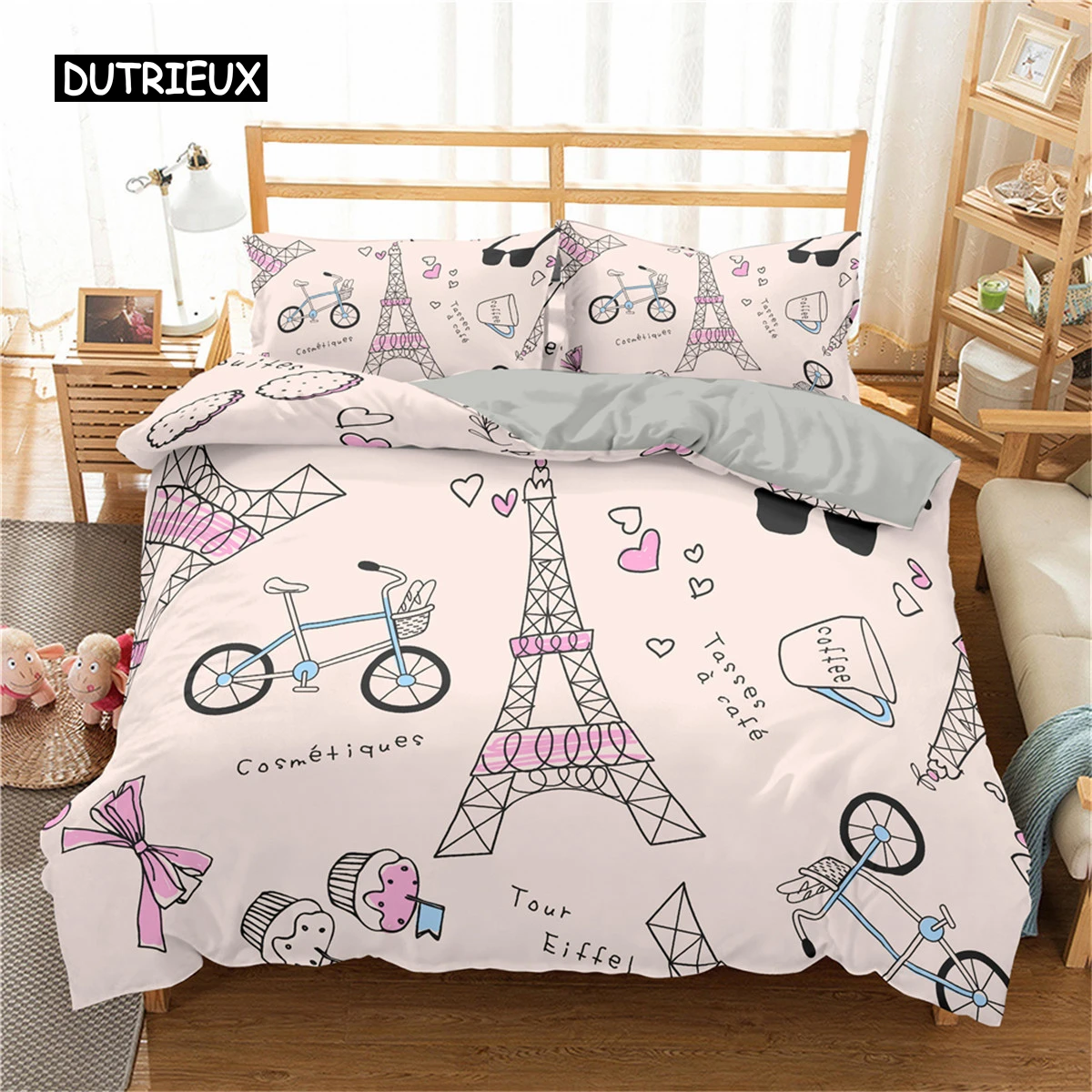 

Eiffel Tower Duvet Cover Set King Paris Eiffel Tower Themed Bedding Set Polyester Cityscape Romantic Pink Love Heart Quilt Cover