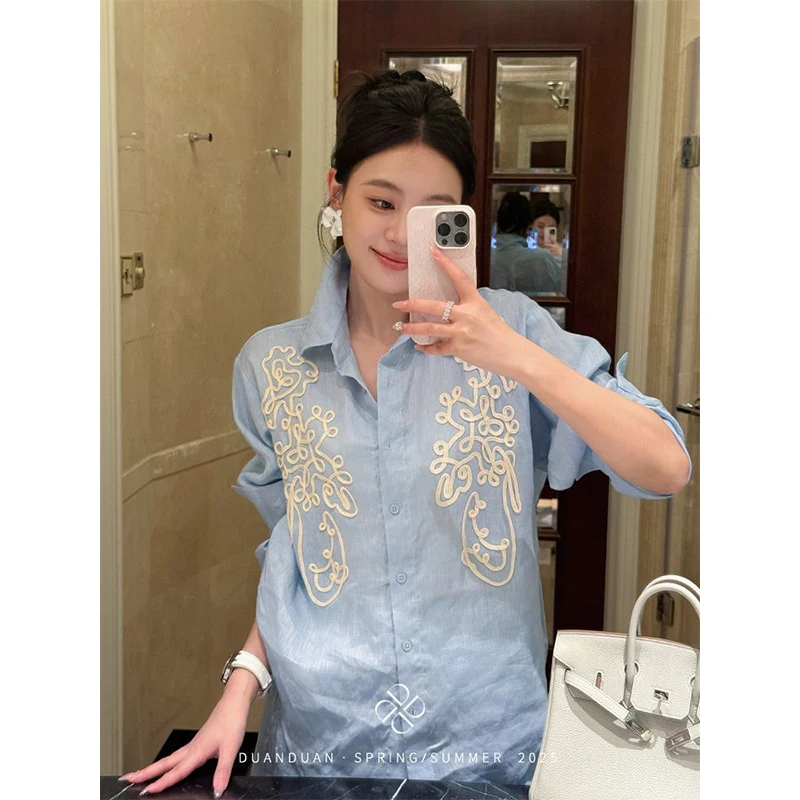 

Women Spring Autumn Fashion Embroidered Polo Collar Long Sleeve Flax Shirts Ladies Simplicity Office Lady All-match Casual Tops