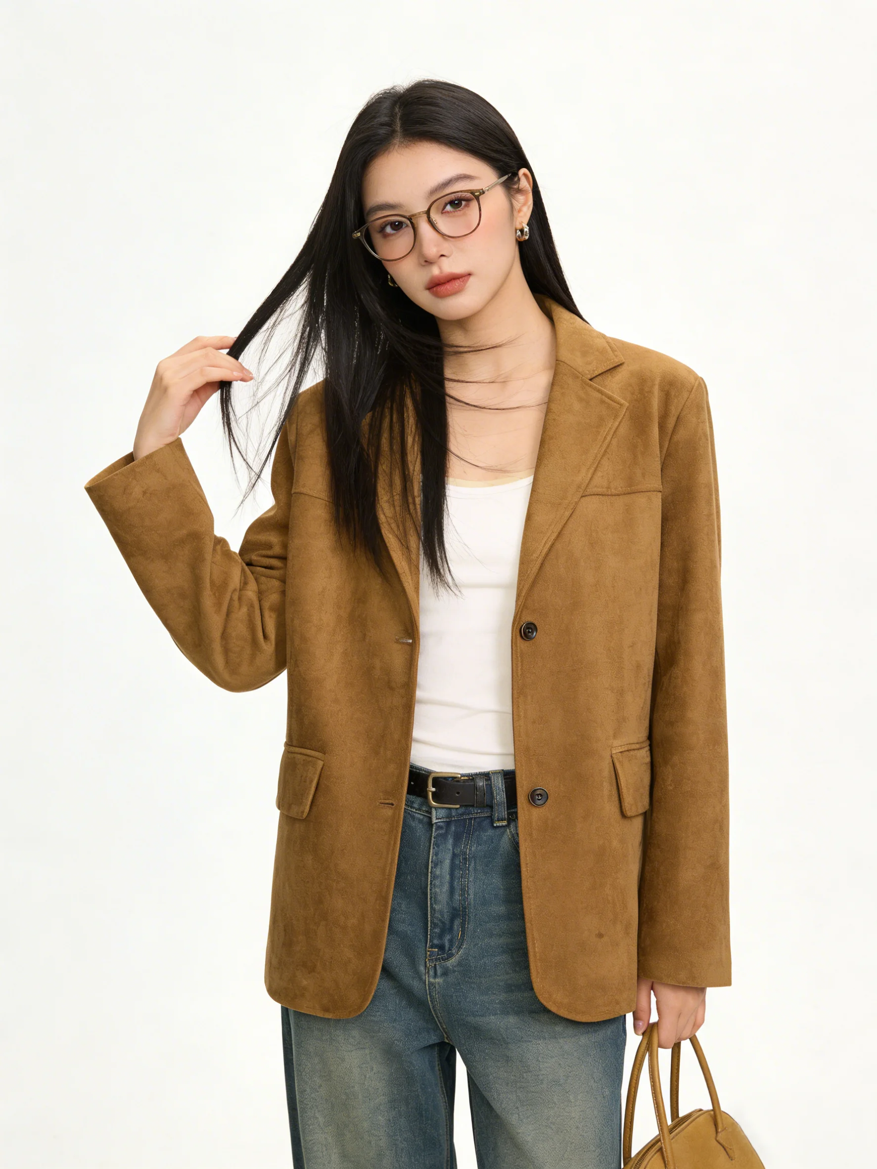 Elegant Brown Suede Jacket Korean Style Professional Suit Coat Women's Fashion Spring Breathable Long Sleeve Single Button