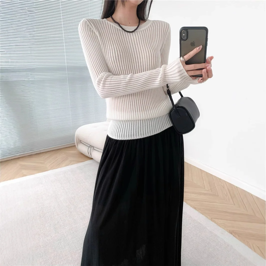 

7937 Wool Blend Solid Color Spring Round Neck Sexy Hollow Out Loose Lazy Knit Sweater Base Shirt For Women