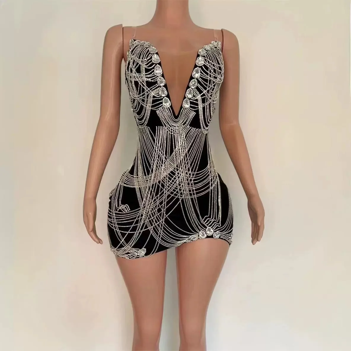 

New European and American mesh yarn hot diamond tassel perspective hollow sexy tight skirt evening dress stage performance cloth