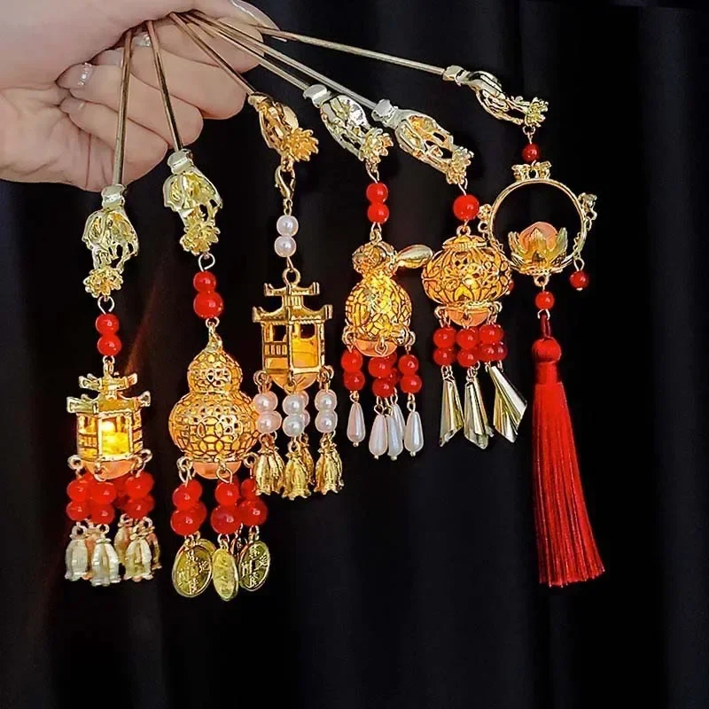 Chinese Style Luminous lantern Hair Sticks for Women Kids Retro Metal Lotus Flower Tassel Hair Pin Clips Hair Accessories