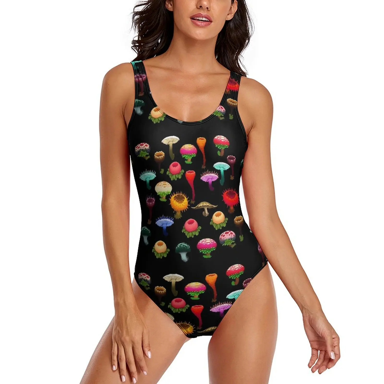 

Colorful Mushrooms Swimsuit Red Yellow Swimwear One Piece Beach Bodysuit Hollow Out Bathing Suits Ladies Push Up Sexy Beachwear