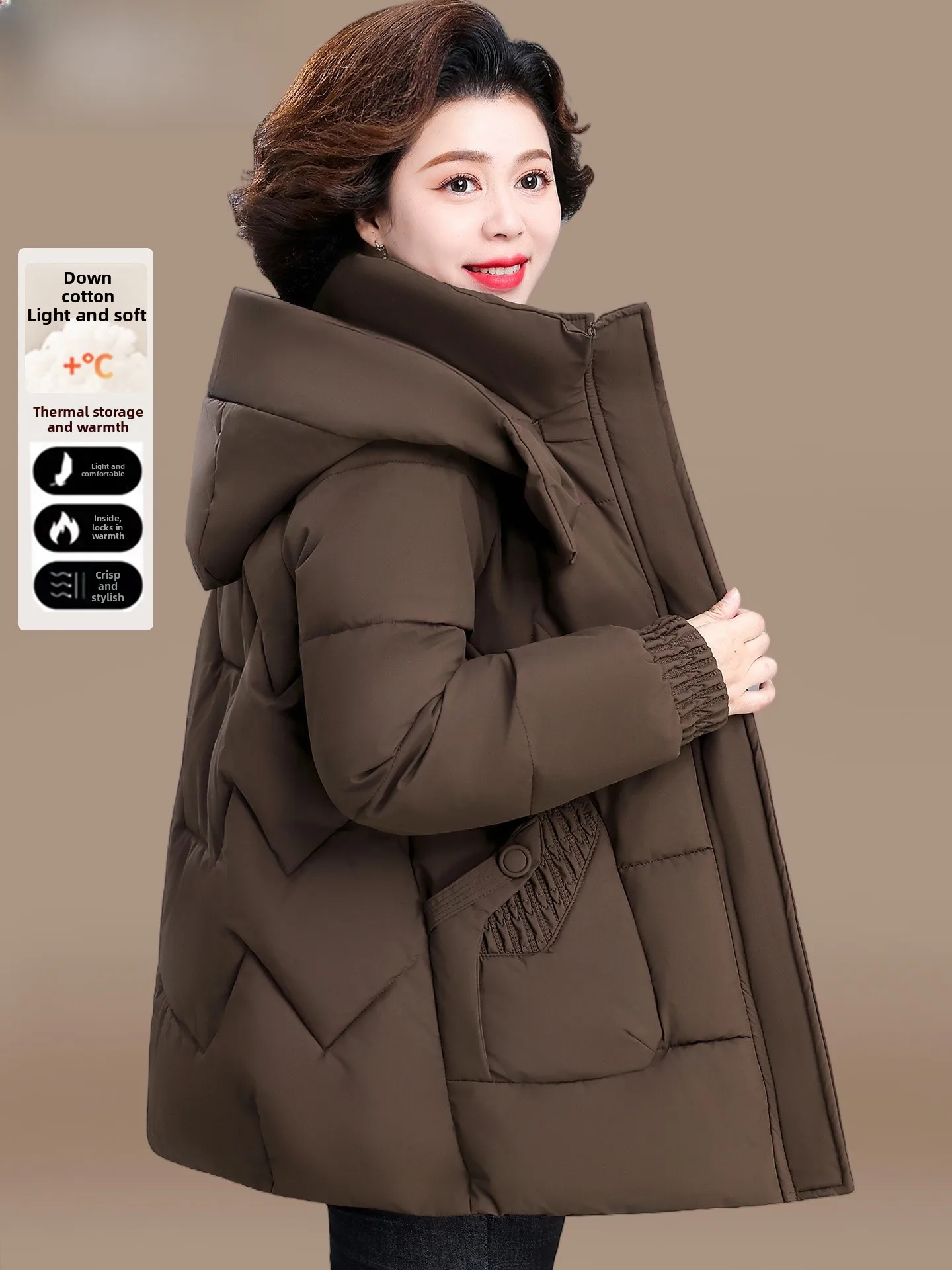 

Winter Faionable down Cotton Jaet Women's Long Coat Middle-Aged And ly Warmth Polyester Fiber Hooded Zipper Cardigan