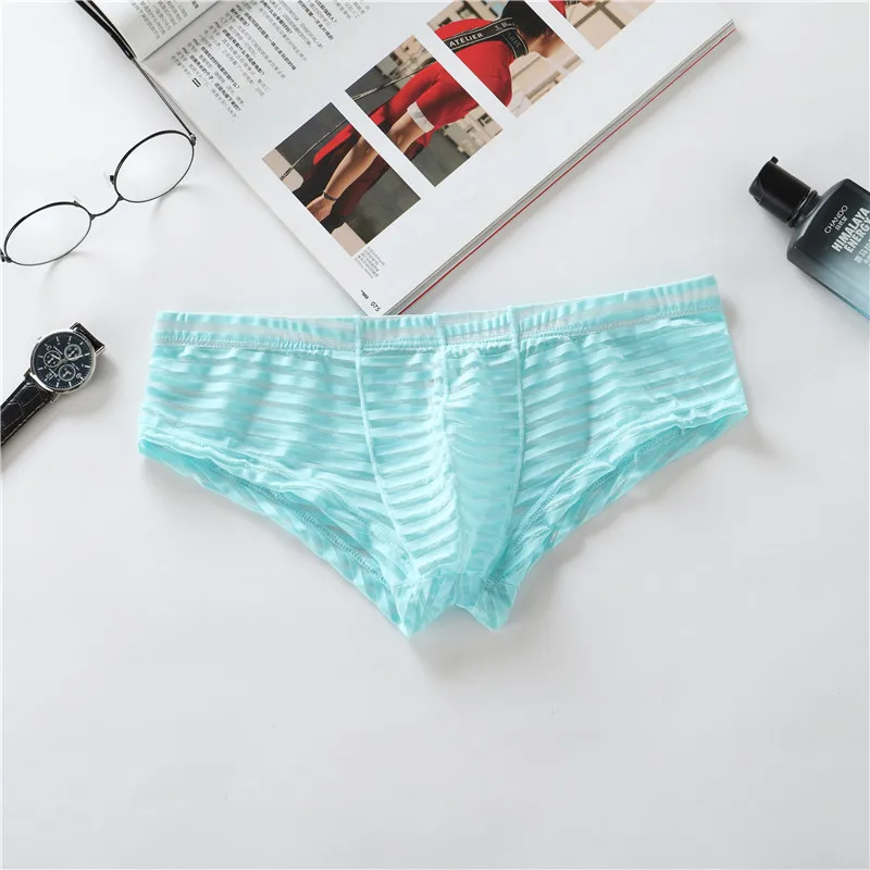 

Sexy Men's Striped Pouch Flat Underwear Low Waist Breathable Panties Male Boxer Homme Briefs Transparent Ultra-thin Underpants