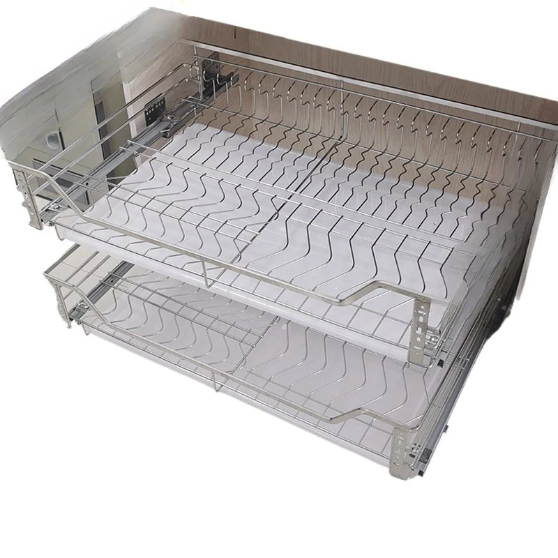 

Cabinet pull basket 304 stainless steel kitchen drawer type dishbasket dishbasket double damping