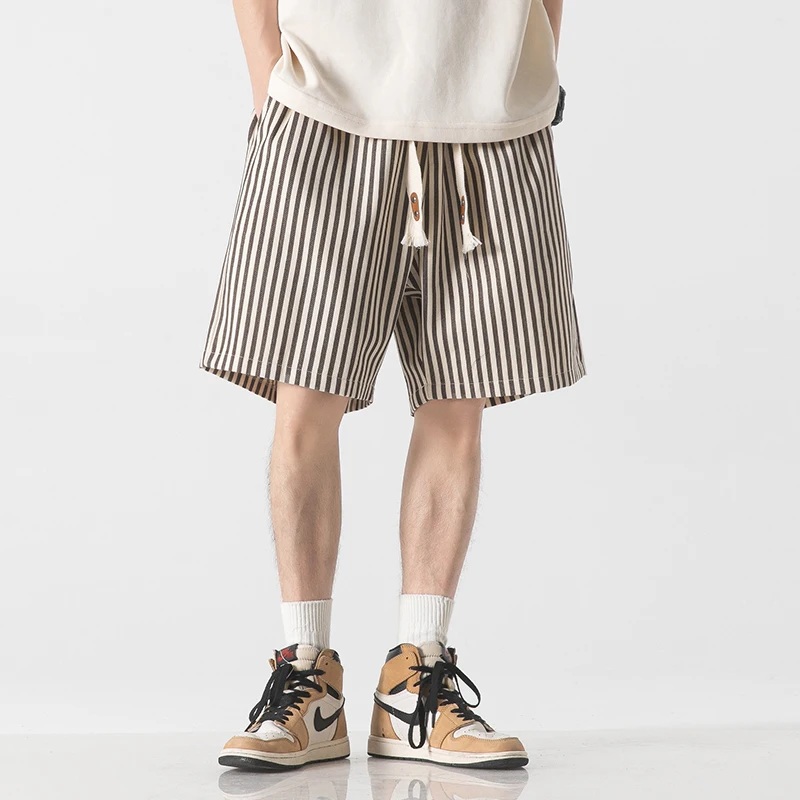 Korean Simplicity Summer Casual Shorts Men\'s Striped Elastic Waist Drawstring Pockets Youthful Vitality Loose Knee Length Pants