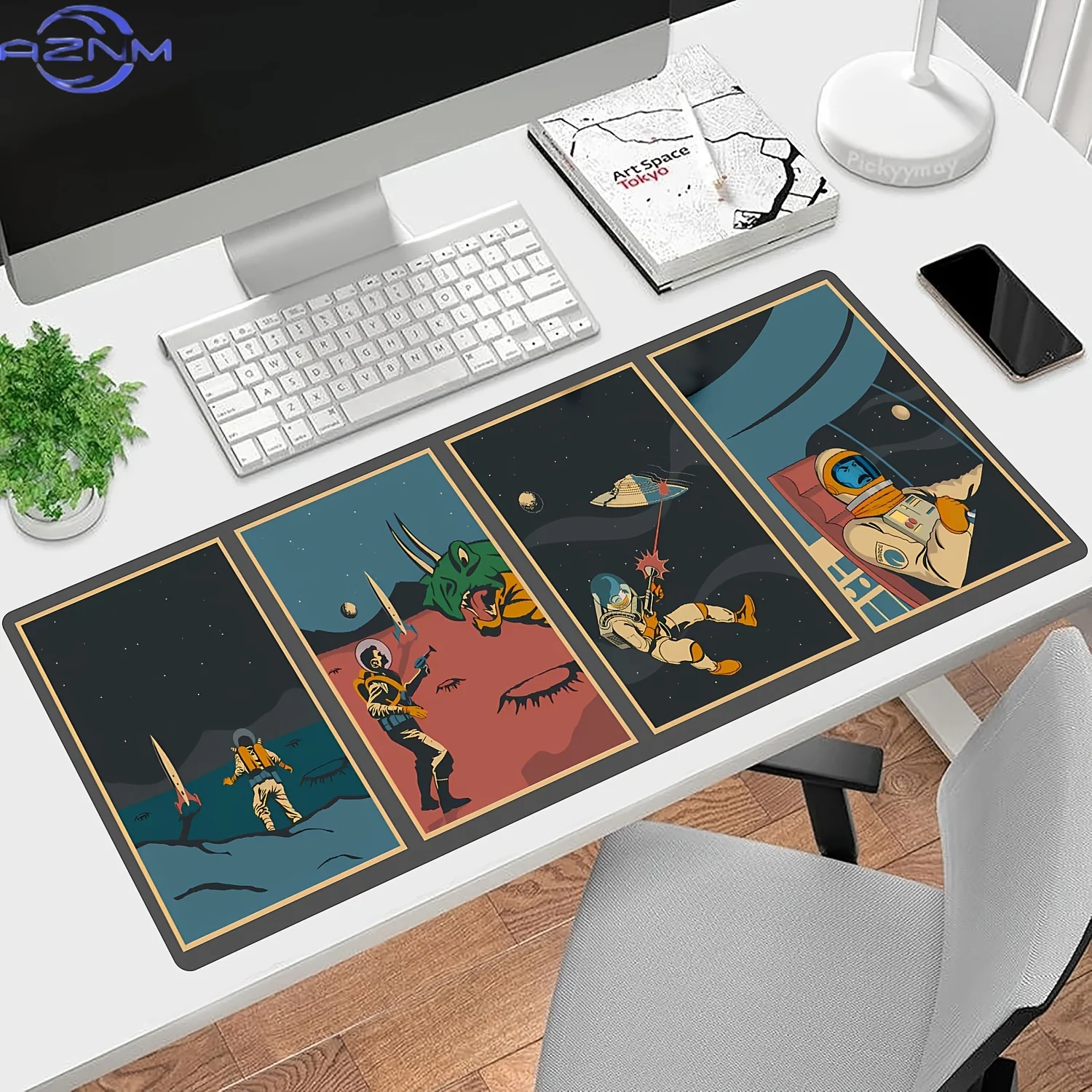 Large Gaming Mouse Pad And Desk Mat Featuring a Retro Sci-Fi Comic Book Design with Astronauts And Ufos. It Has a Non-Slip Rubbe
