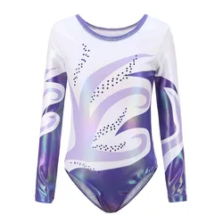 Children Girls Gymnastics Leotard Diamante Long Sleeve Practice Dance Wear Bright Color Body Suits Ballet Leotard