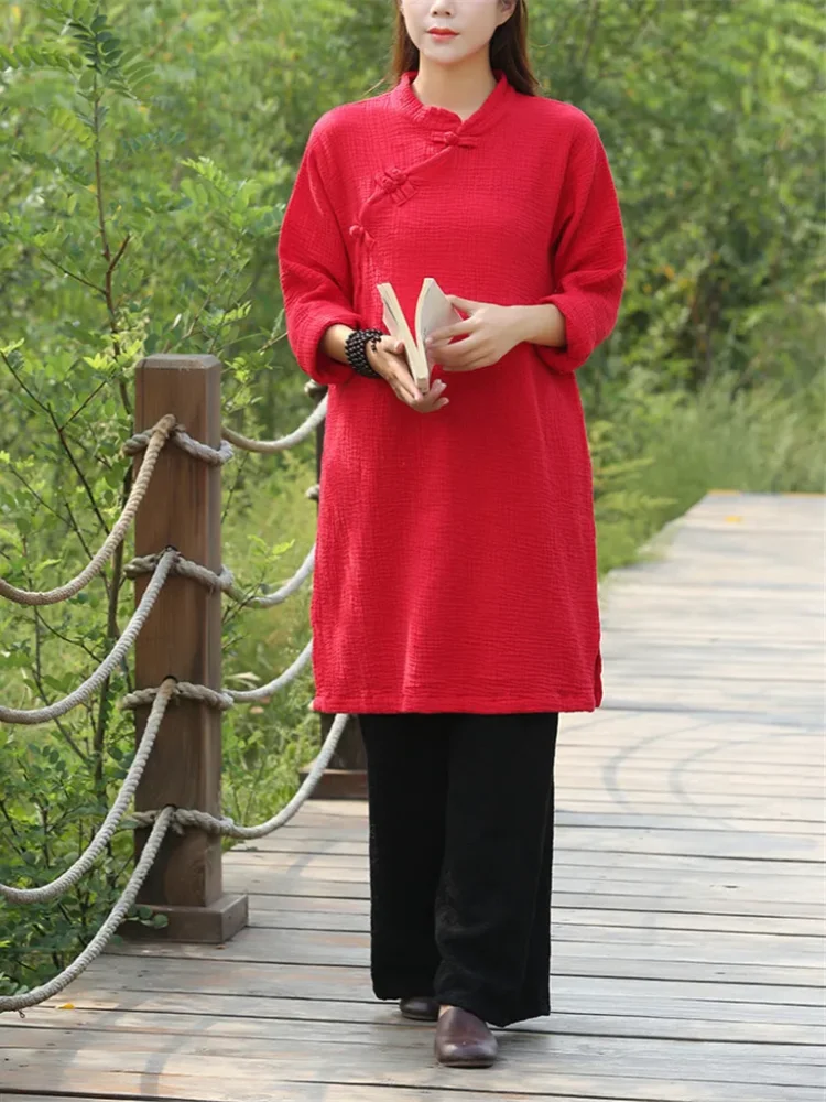 Spring and Autunm women stand collar cotton linen dress,chinese button vintage dress prairie chic casual dress robe vestidos