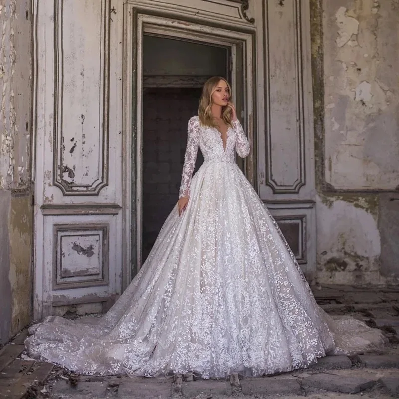 Vestidos De Novia línea A para mujer romántico con cuello en V manga larga apliques De cuentas vestido De Novia Vestidos De Novia personalizados