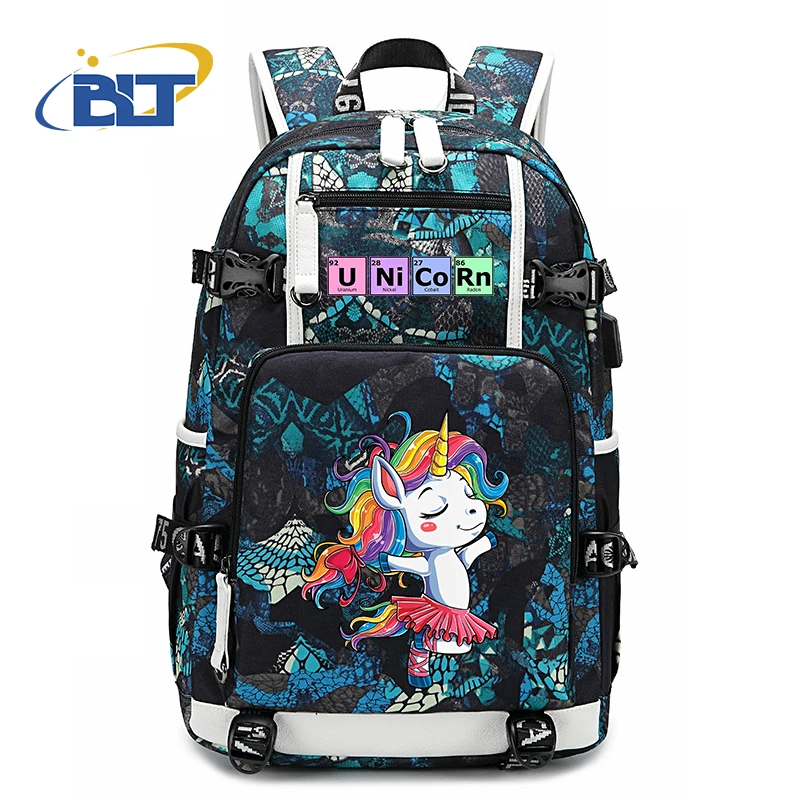 Unicorn print student schoolbag youth backpack large capacity usb outdoor travel bag kids school gift