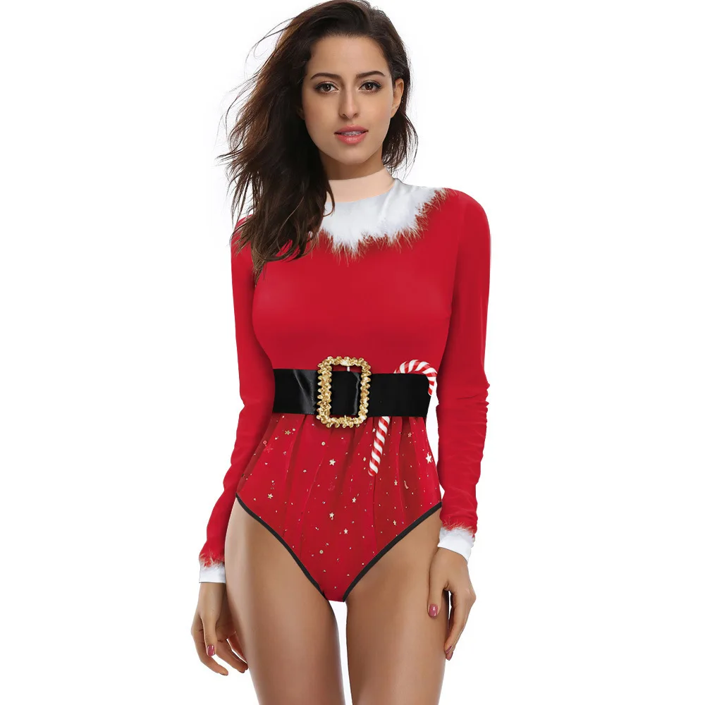 New Long Sleeve Zip Up Women Swimwear 3D Christmas Digital Print Conservative Bikini Set
