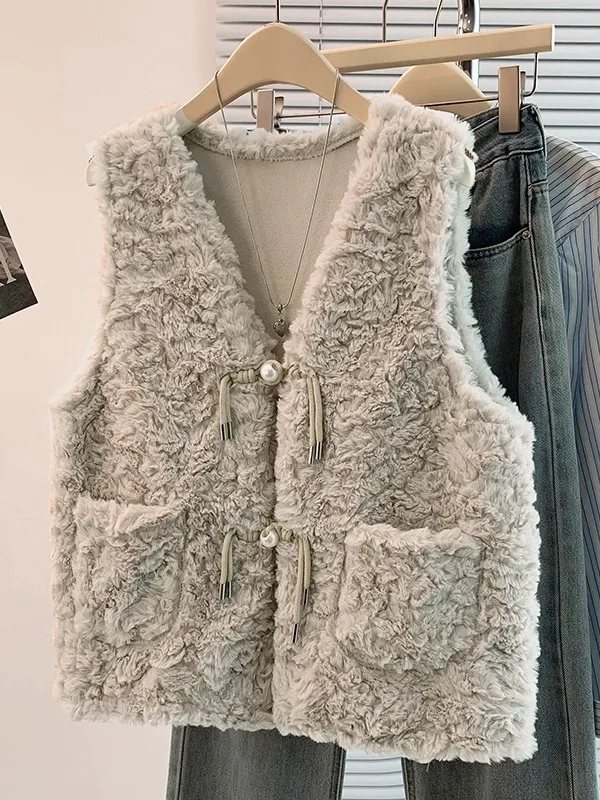 

Теплый жилет Fce, топ, женская свободная куртка с v-образным вырезом, верхняя одежда, осенне-зимний модный жилет из меха ягненка Small Fraance Sle