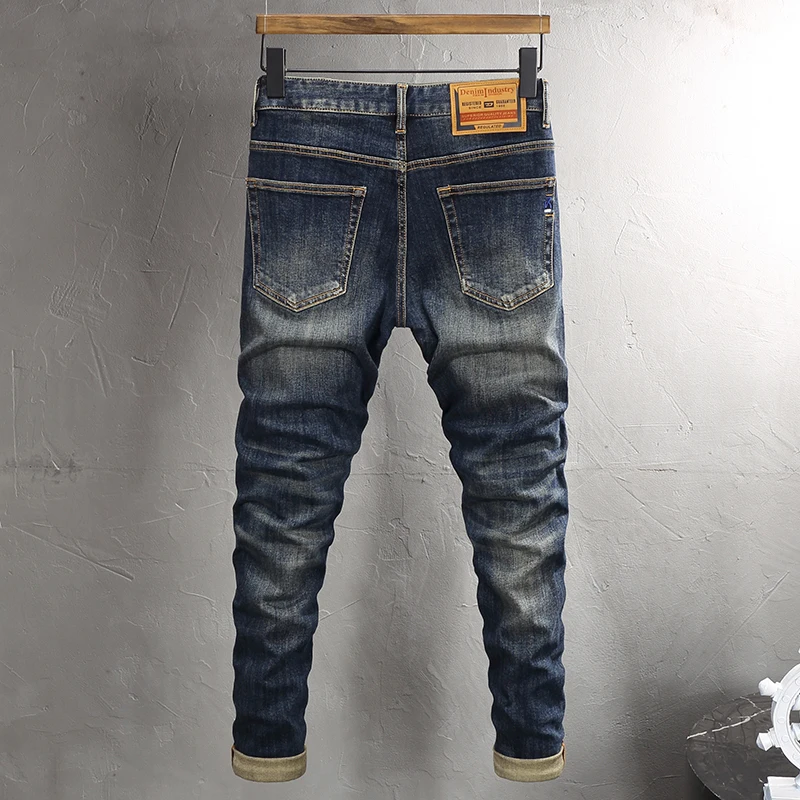 Fashion Designer Men Jeans High Quality Retro Washed Blue Elastic Stretch Slim Fit Ripped Jeans Men Vintage Casual Denim Pants
