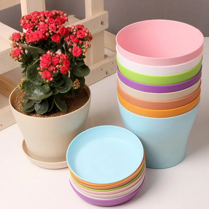 5pc Blume Topf Bunte Durable Harz Pflanze Blume Topf Glanz Pflanzer Home Garten Dekoration mit eine Untertasse Tablett Entwässerung löcher