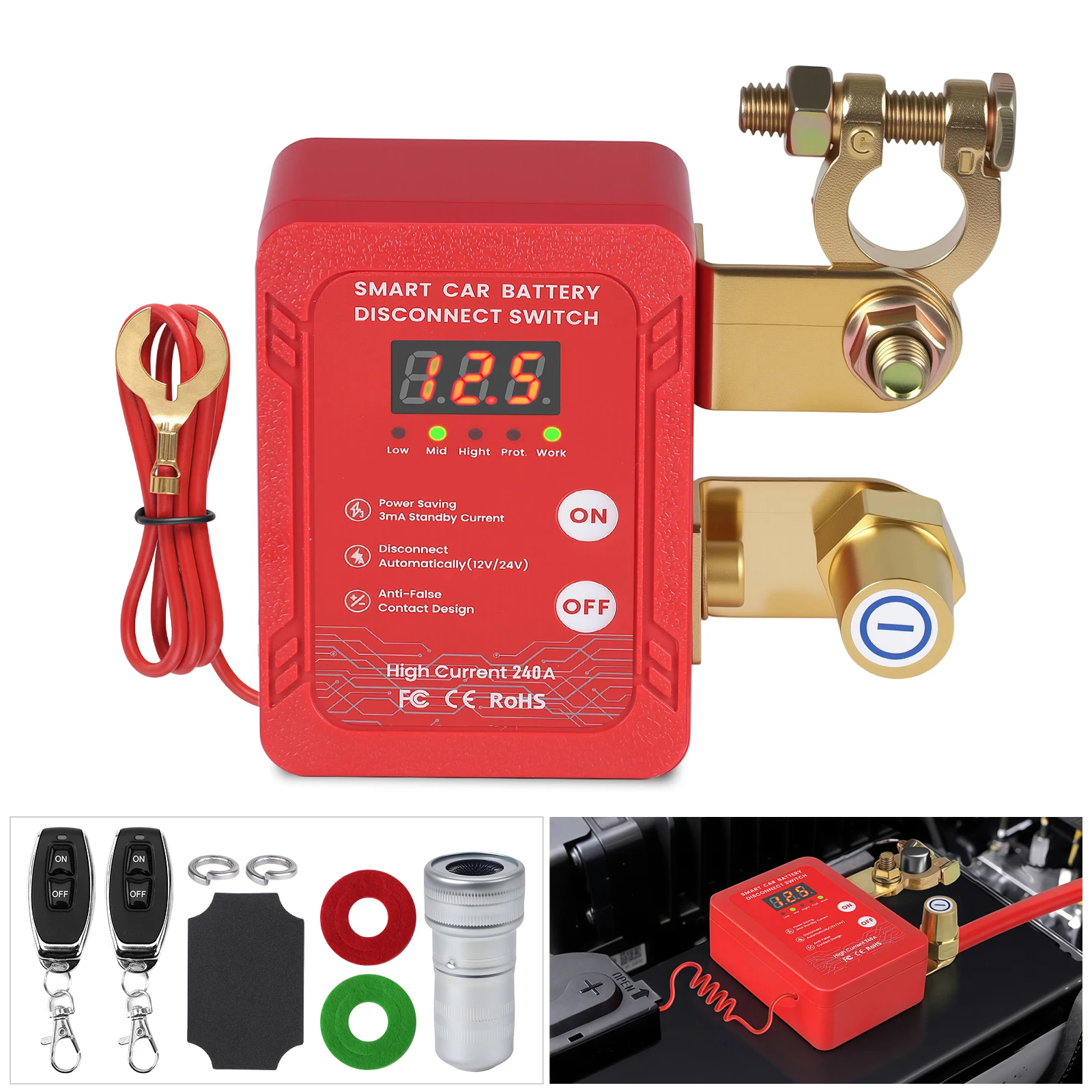 

﻿ 240A 12V Remote Battery Disconnect Switch with Led Voltage Display Automatic Power Shut Off Switch Anti Auto Car Truck Boa