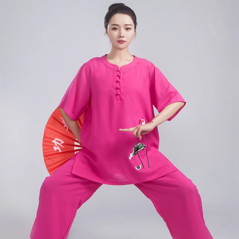 Kun Master Peony Embroidery Kung Fu Uniform Martial Arts Tai Chi Clothing Short Sleeves Breathable Chinese Traditional Clothes