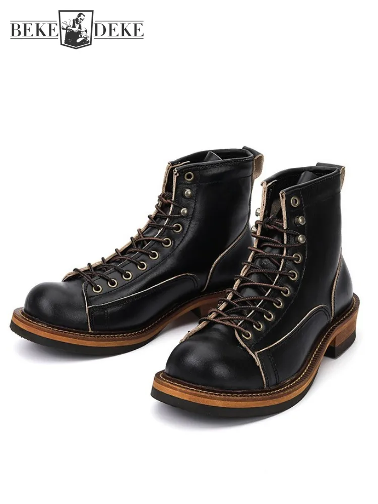 British Style Mens Work Cargo Ankle Boots Lace Up Genuine Leather Motorcycle High Top Shoes Round Toe Vintage Short Boots Male