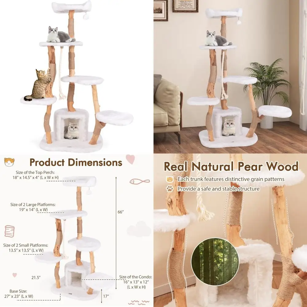 

sturdy wooden cat tower with jute scratching posts, perch, condo, sisal rope, and dangling ball for modern home decor